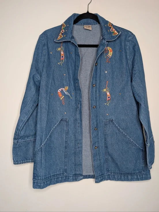 Vintage Kokopelli Embroidered Denim Jacket Made in USA Boho Southwest Small - Picture 1 of 6